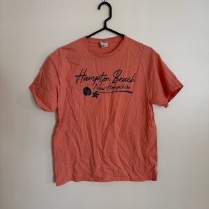 Women’s L Coral Hampton Beach Tee Shirt With Blue Glitter Writing: Y2K Vaca